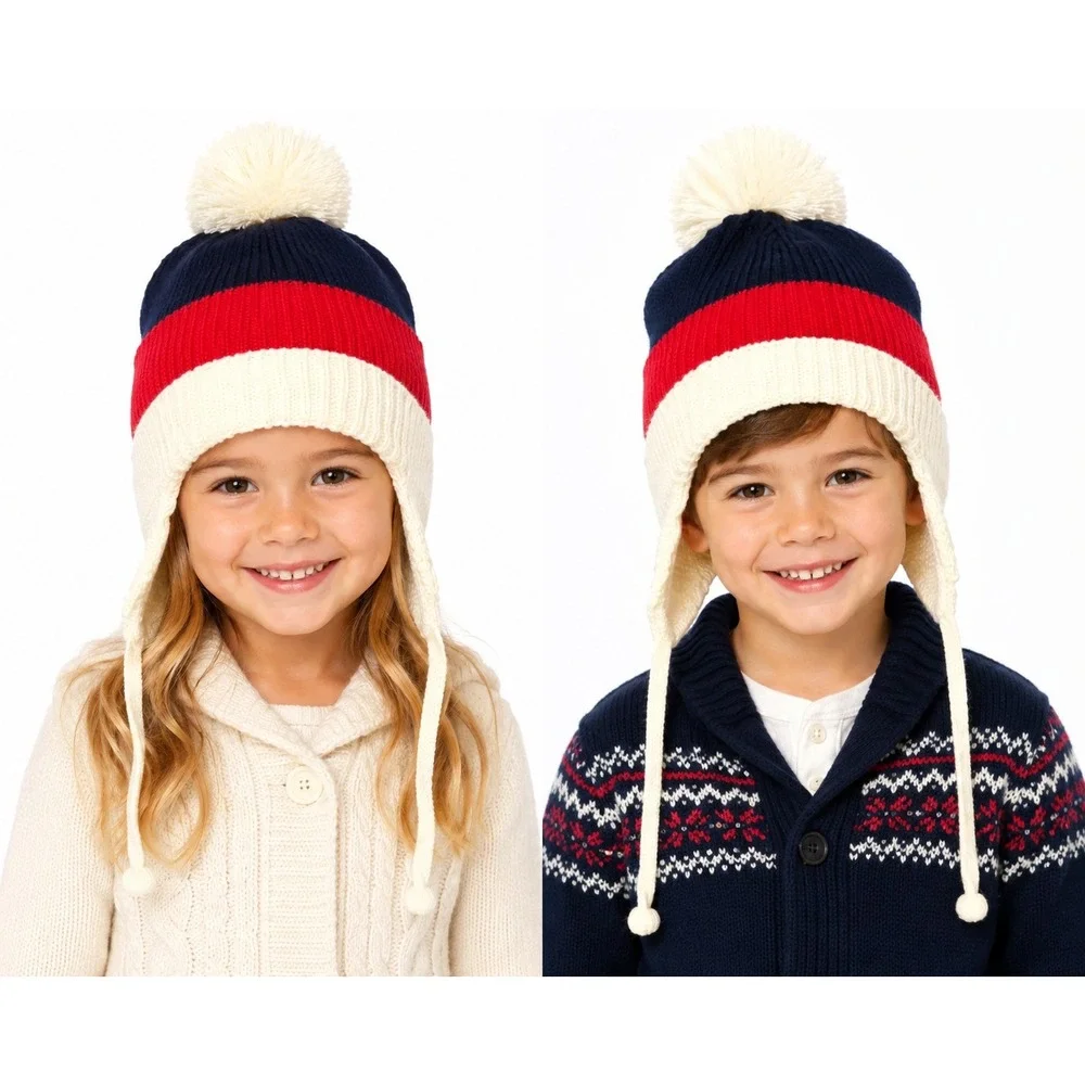 Saks Fifth Avenue Vintage Kids Wool Earflap Ski‎ Hat OS Pom Pom Preppy Americana